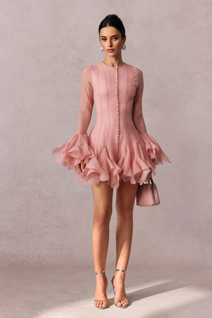 Fashionable women's long sleeve ruffle mini dress in pink, a perfect choice for party or cocktail events.