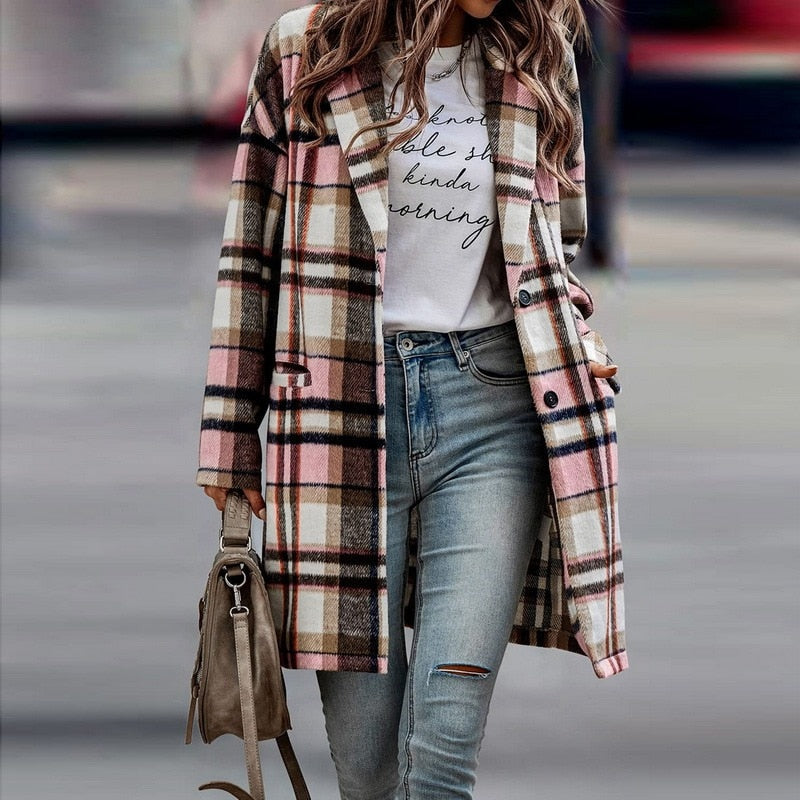 Elegant women's plaid jacket, a chic addition to any wardrobe. Stylish fall outerwear with a comfortable fit.