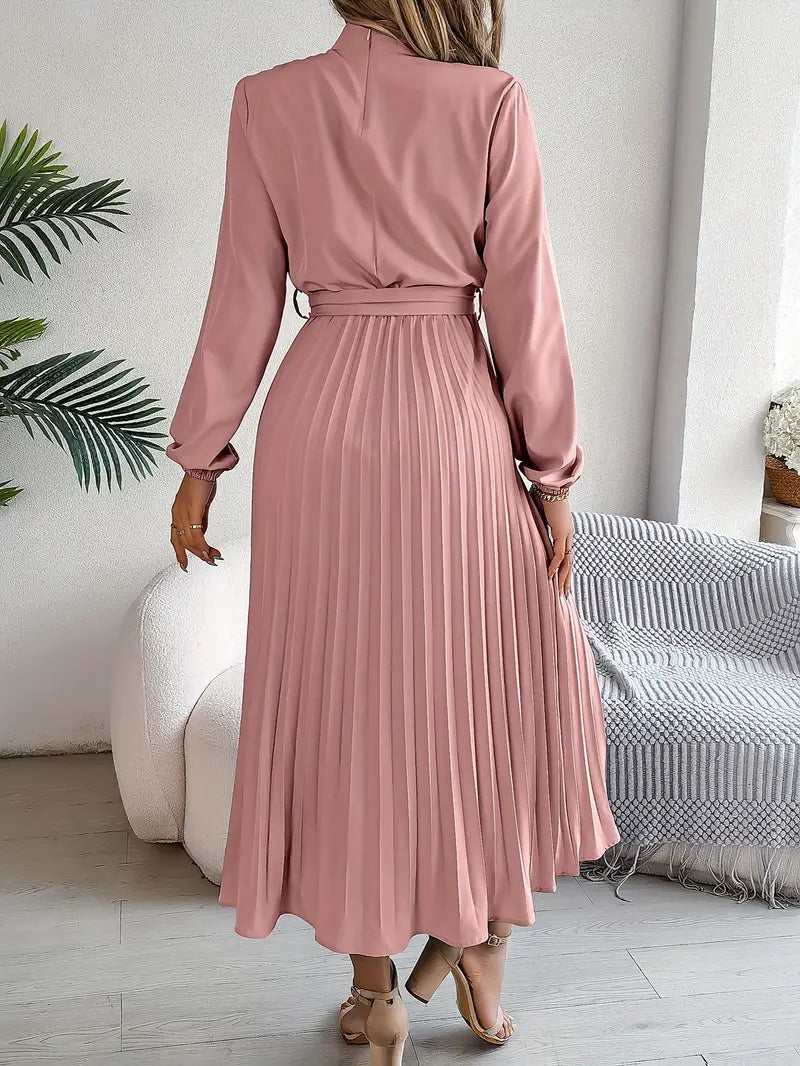 Pleated midi dress for women with a chic belt, long sleeves & high neck. Elegant formal & special occasion wear.