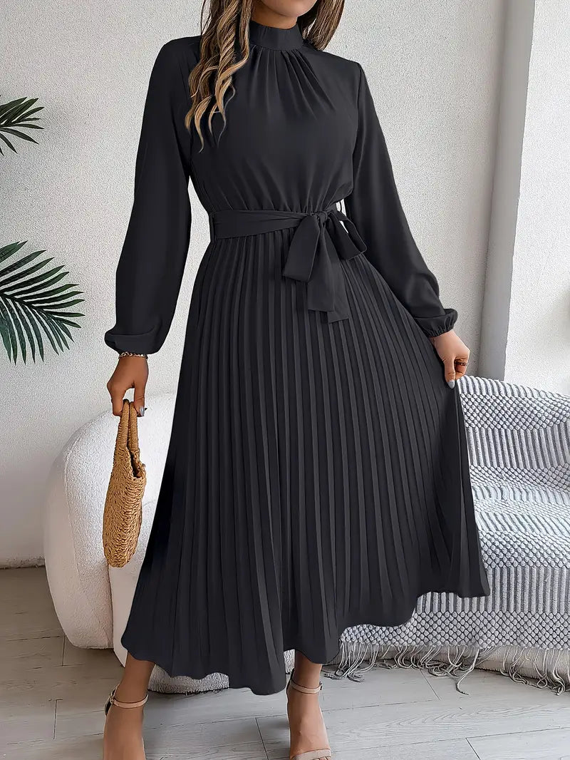 Women's elegant midi dress, pleated, belted, long sleeve & high neck. Chic choice for formal events.