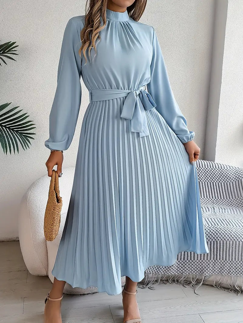 Women's elegant high-neck pleated midi dress with belt. Perfect formal party dress or wedding guest attire.