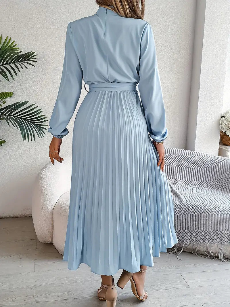 Sophisticated women's pleated midi dress with a belt. Chic long sleeve, high neck for formal events.