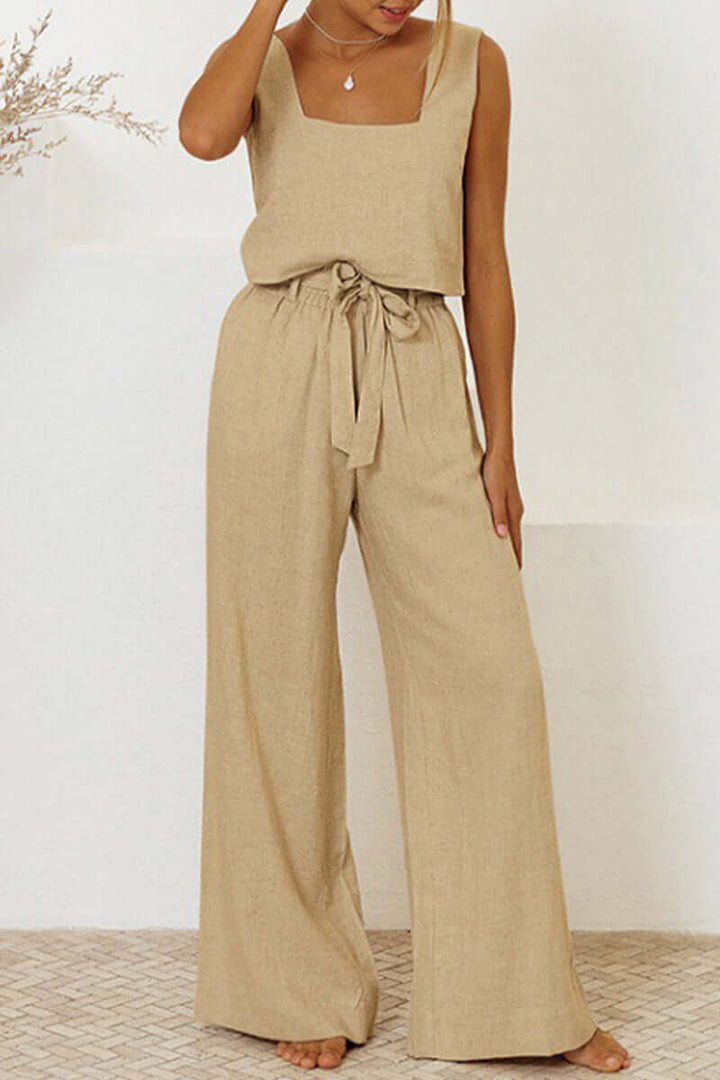 Women's chic sleeveless crop top and wide leg pants set in khaki, perfect for casual summer wear or loungewear.