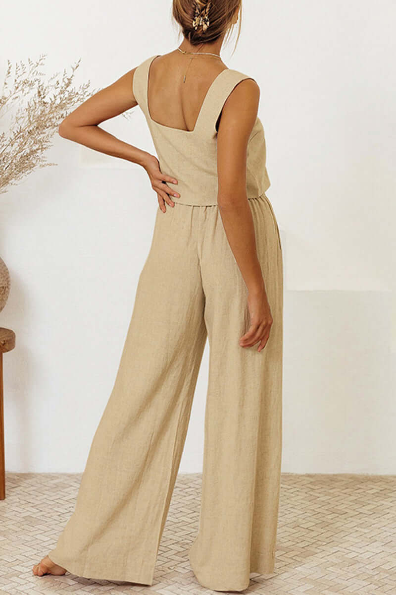 Women's chic khaki two-piece outfit: sleeveless crop top & wide leg pants. Perfect for summer casual or loungewear.