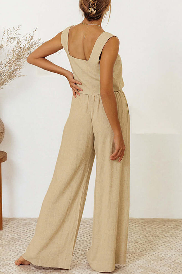Women's chic khaki two-piece outfit: sleeveless crop top & wide leg pants. Perfect for summer casual or loungewear.