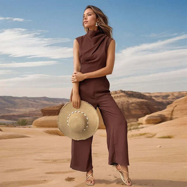Casual women's high collar sleeveless top & wide-leg pants set. Perfect polyester two-piece for spring/summer wear.