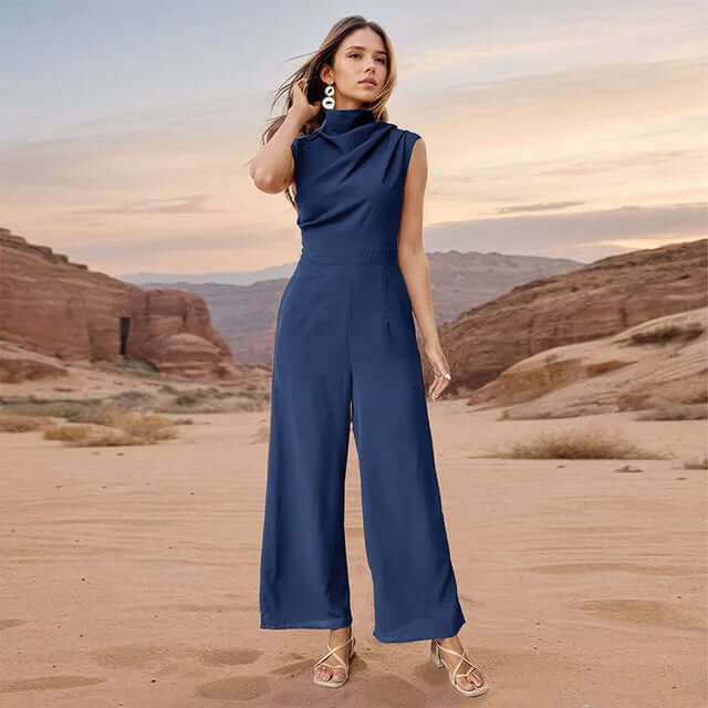 Elegant & comfortable women's two-piece set: sleeveless top & wide-leg pants. Chic polyester loungewear.