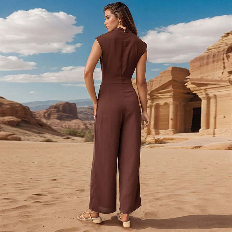 Women's high collar sleeveless top & matching wide-leg pants set. A comfortable and elegant two-piece polyester outfit.