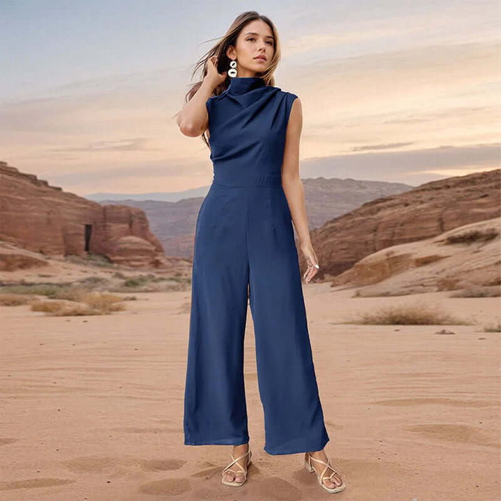 Modern women's casual elegant sleeveless top & wide-leg pants set. Comfortable polyester two-piece for a chic look.