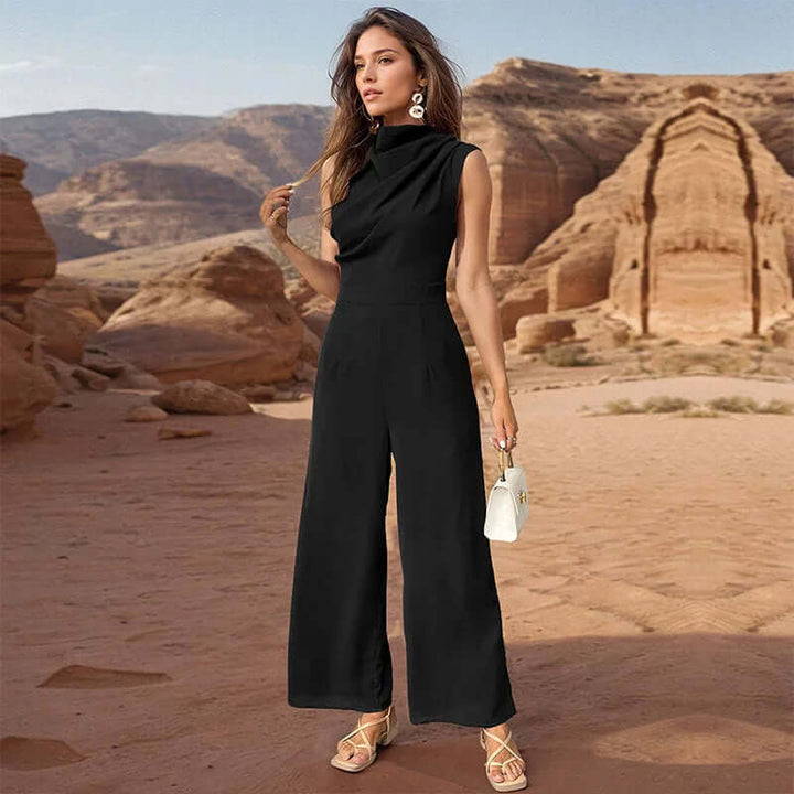Complete women's two-piece outfit: sleeveless top & wide-leg pants. Easy, chic polyester set for spring/summer style.
