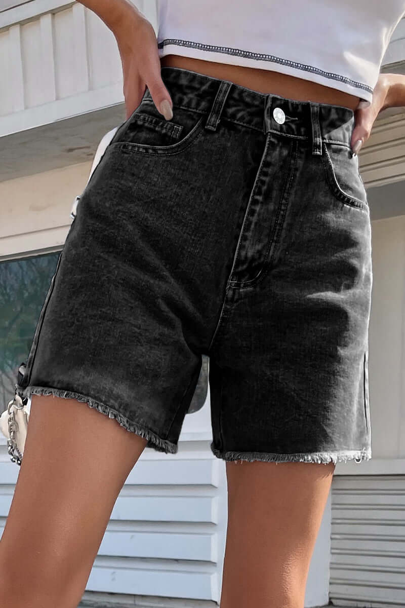 Trendy women's denim shorts, solid color and raw hem, ideal for stylish everyday summer outfits.