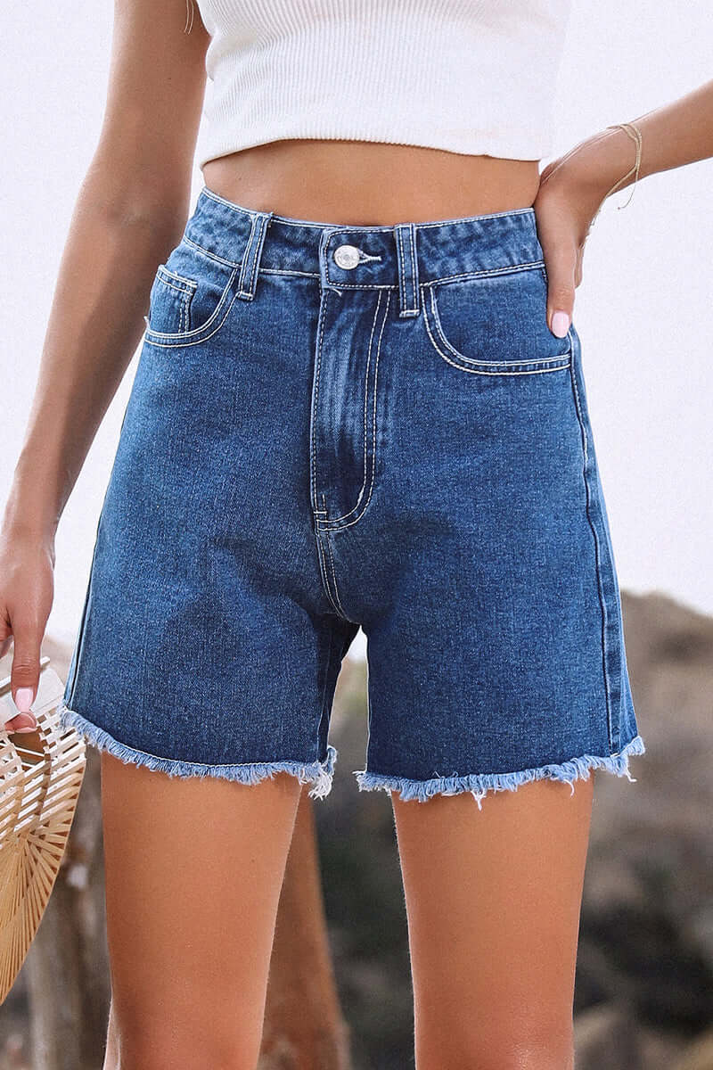 Stylish women's denim shorts, featuring a flattering fit and fashionable raw hem for summer.