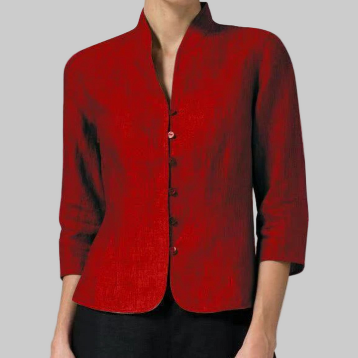 Elegant women's stand-collar blouse, ideal workwear with a button-front design.