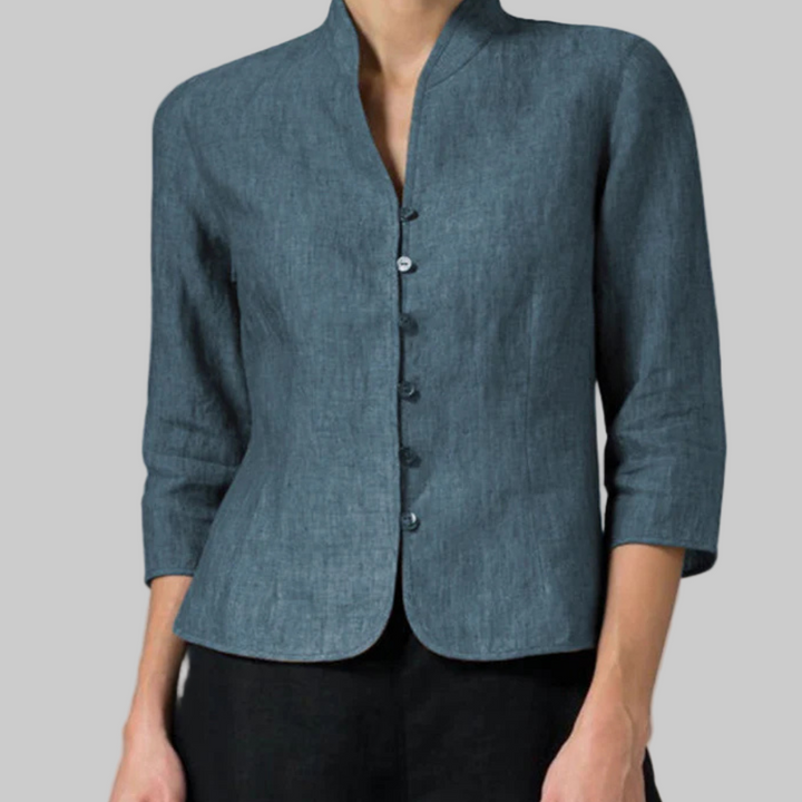 Stylish women's blouse with stand collar & 3/4 sleeves, a chic top for casual & office wear.