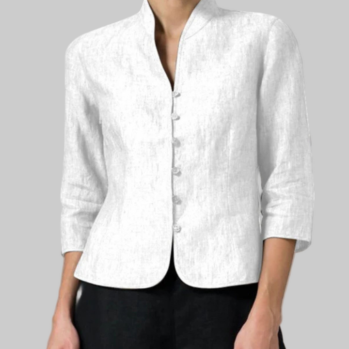 Versatile women's stand-collar blouse, offering everyday elegance for modern apparel.