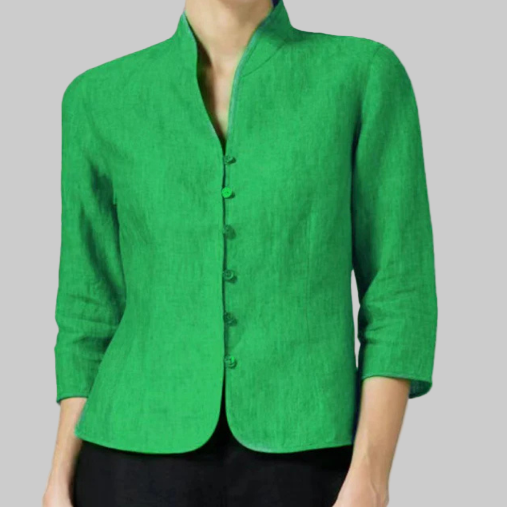 Button-front women's stand-collar blouse, a chic and comfortable three-quarter sleeve top.