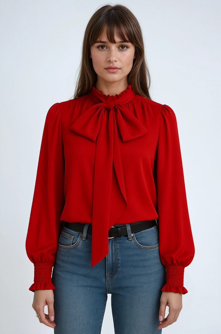 Women's chic tie neck long sleeve blouse with ruffle cuffs for an elegant and versatile style.