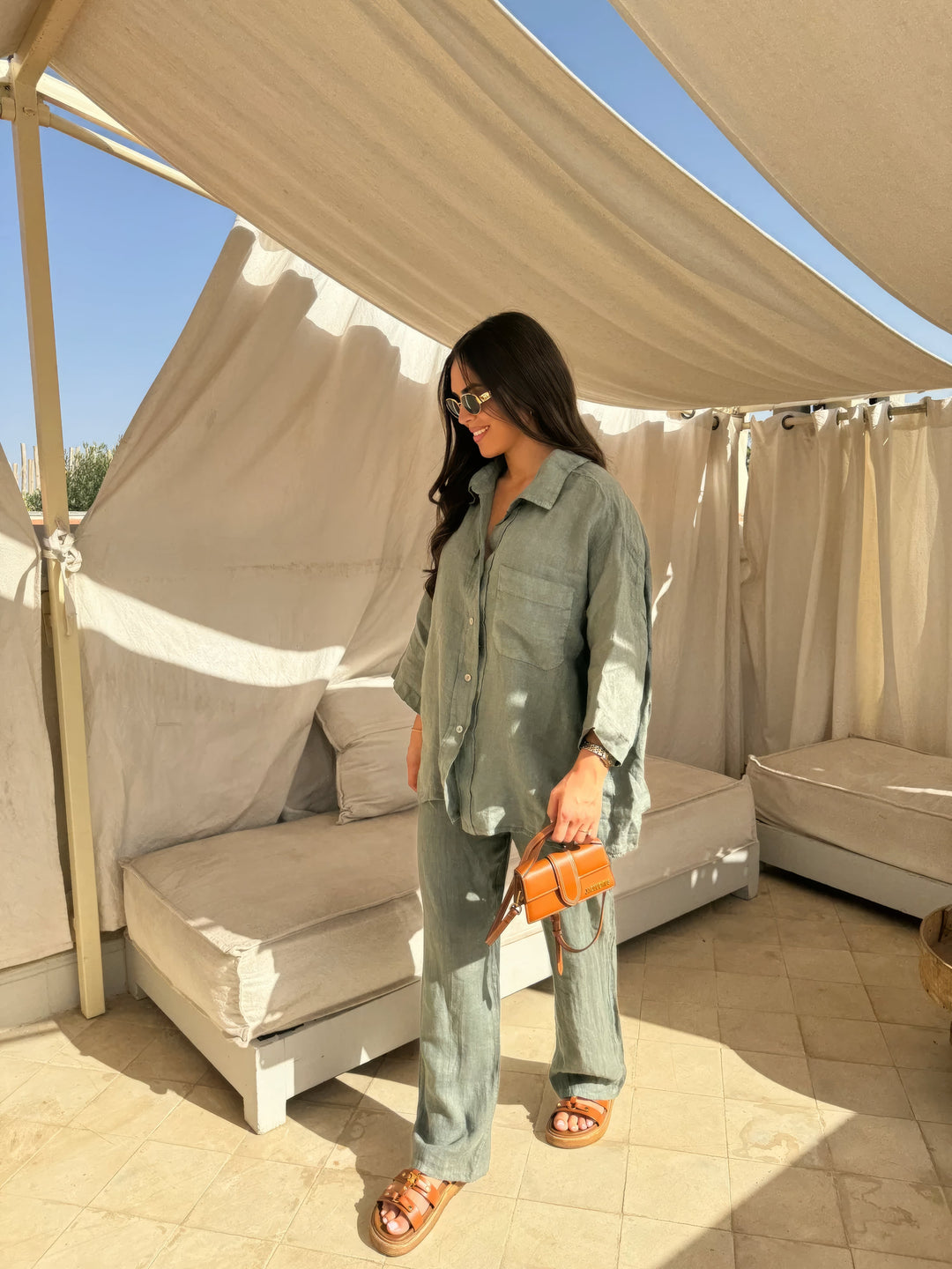 Comfortable & stylish women's matching two-piece wide-leg pant set with long sleeves for summer.