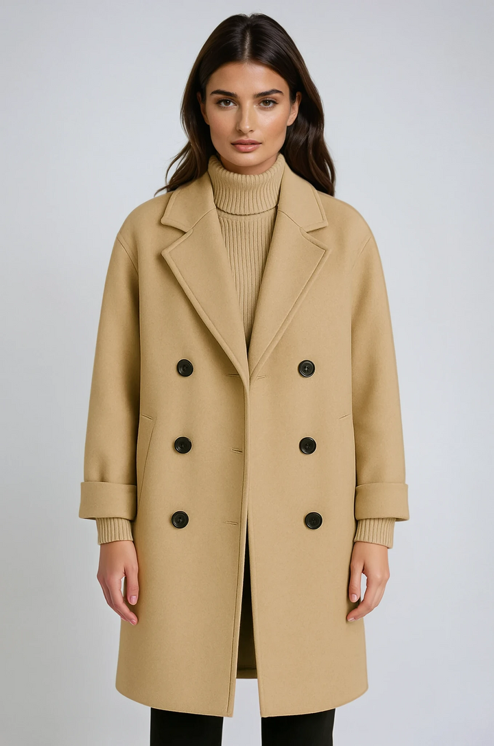 Women's classic belted long winter coat in a neutral color, featuring a stylish lapel collar and an elegant silhouette.