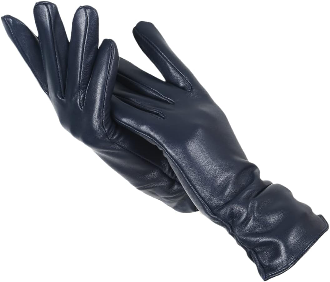 Women's classic black leather gloves, stylish & elegant for winter fashion accessory.