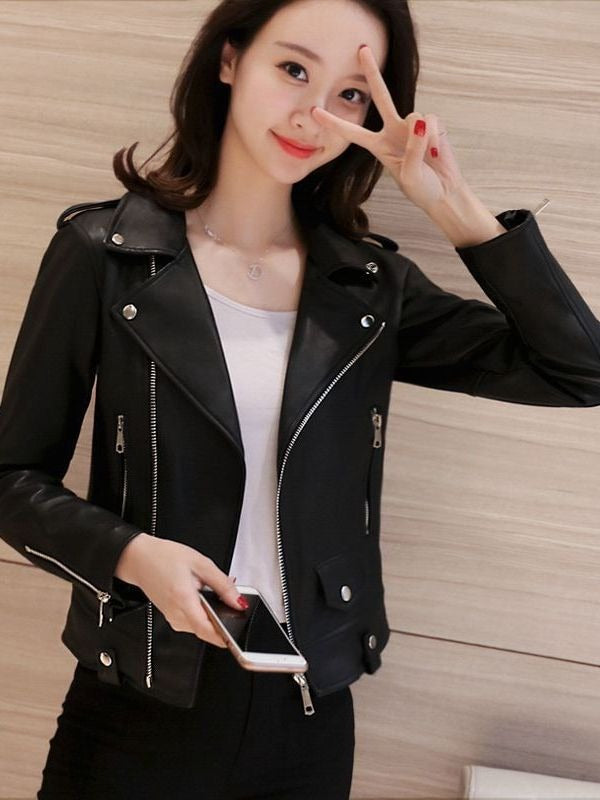 Women's classic black moto jacket, fitted for an edgy, stylish look. Perfect versatile outerwear for fall & spring.