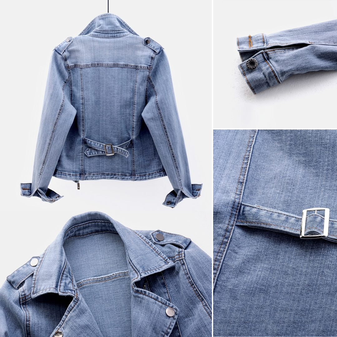 Women's classic denim jacket, a timeless blue outerwear piece for versatile styling & everyday fashion.