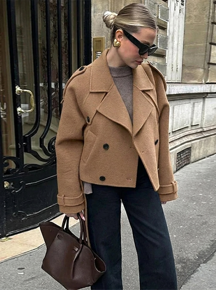 Women's classic brown double-breasted cropped trench coat, perfect for fall fashion & versatile layering.