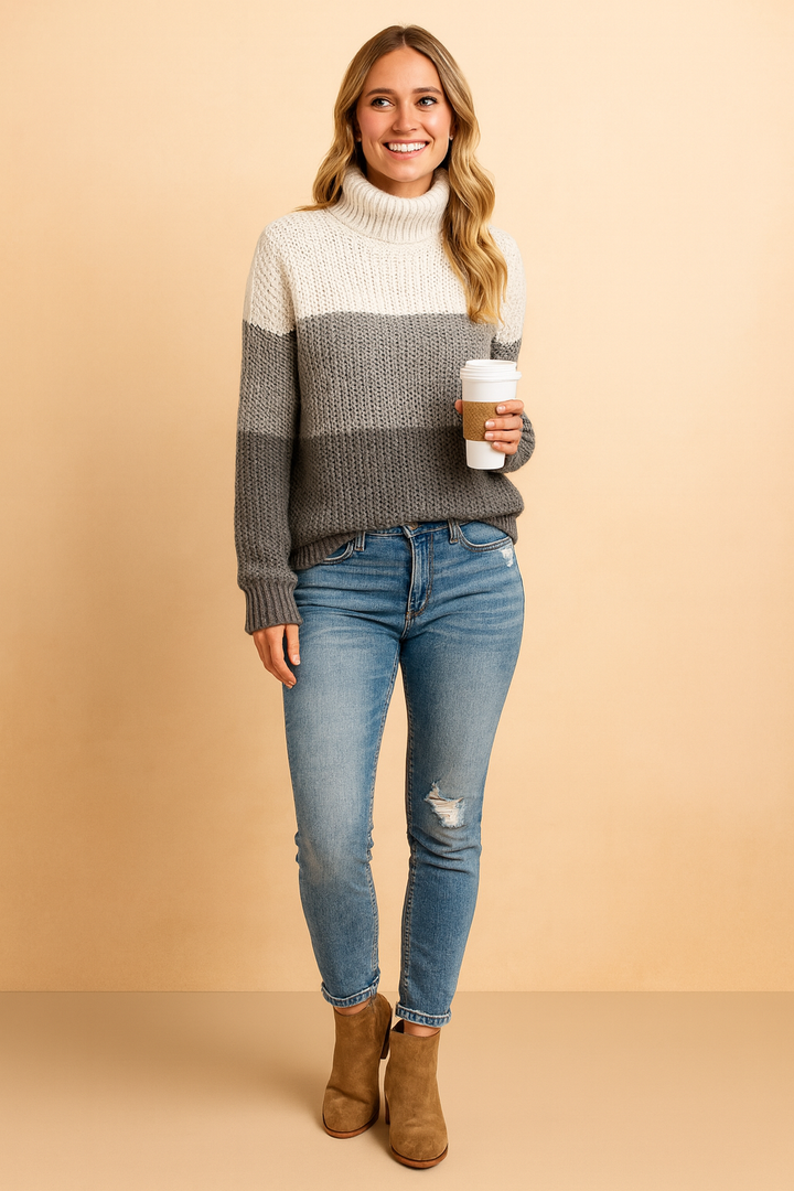Women's classic gray striped knit sweater, long sleeve for everyday fall & winter wear. Comfortable and chic style.
