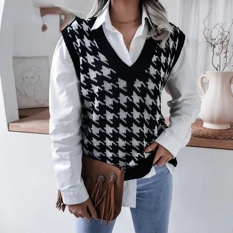 Women's elegant houndstooth knitted V-neck vest. A versatile fashion piece for comfortable fall layering.