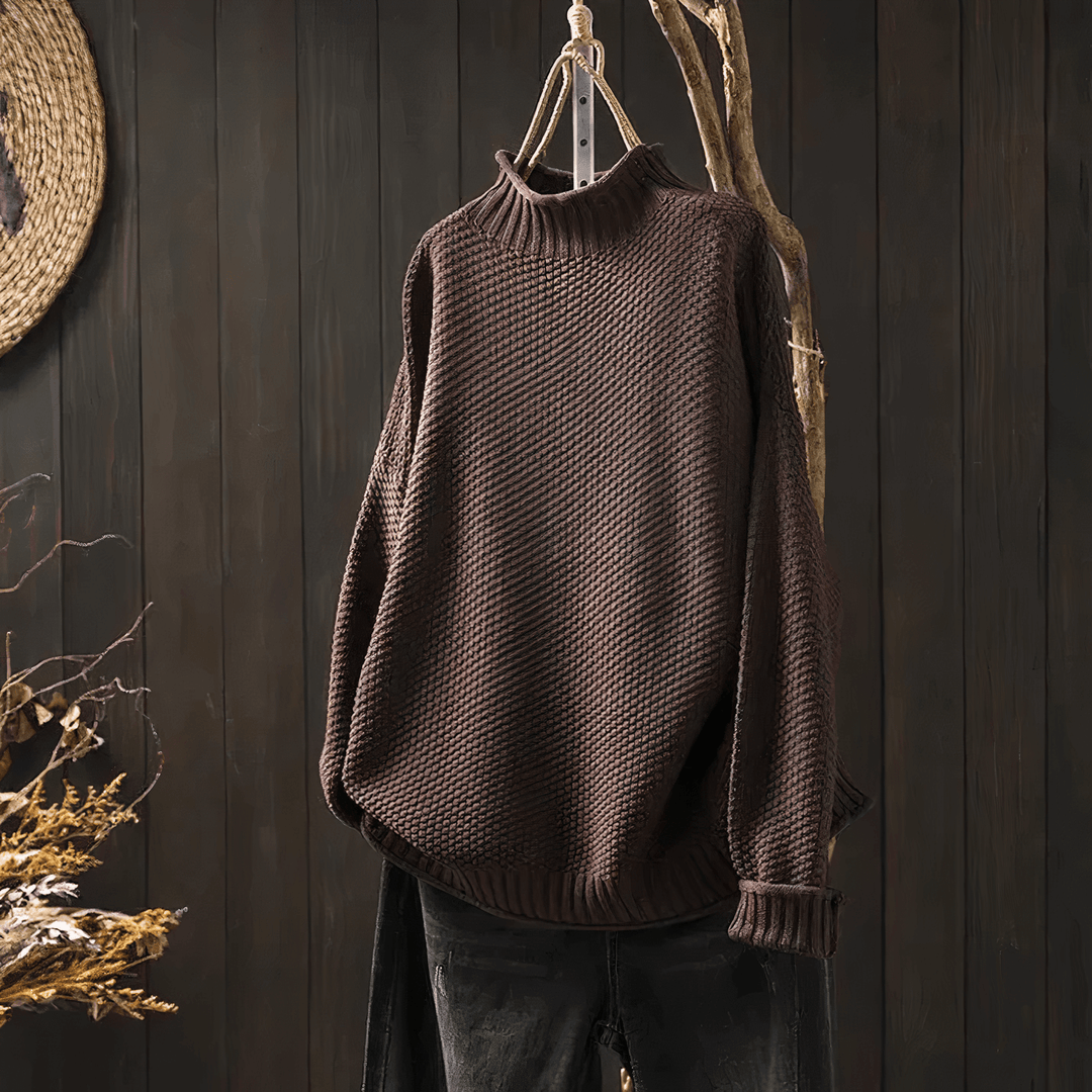 Model wearing a women's classic knit turtleneck sweater, perfect for elegant warmth in fall and winter fashion.
