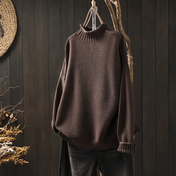 Model wearing a women's classic knit turtleneck sweater, perfect for elegant warmth in fall and winter fashion.