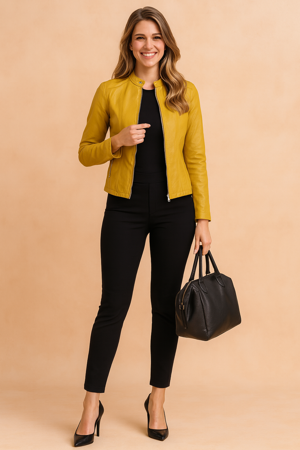 Model wearing a women's classic winter jacket, styled for a chic casual everyday look.