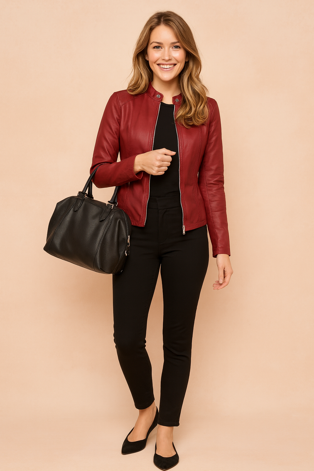 Front view of women's elegant minimalist winter jacket, a trendy and essential outerwear piece.