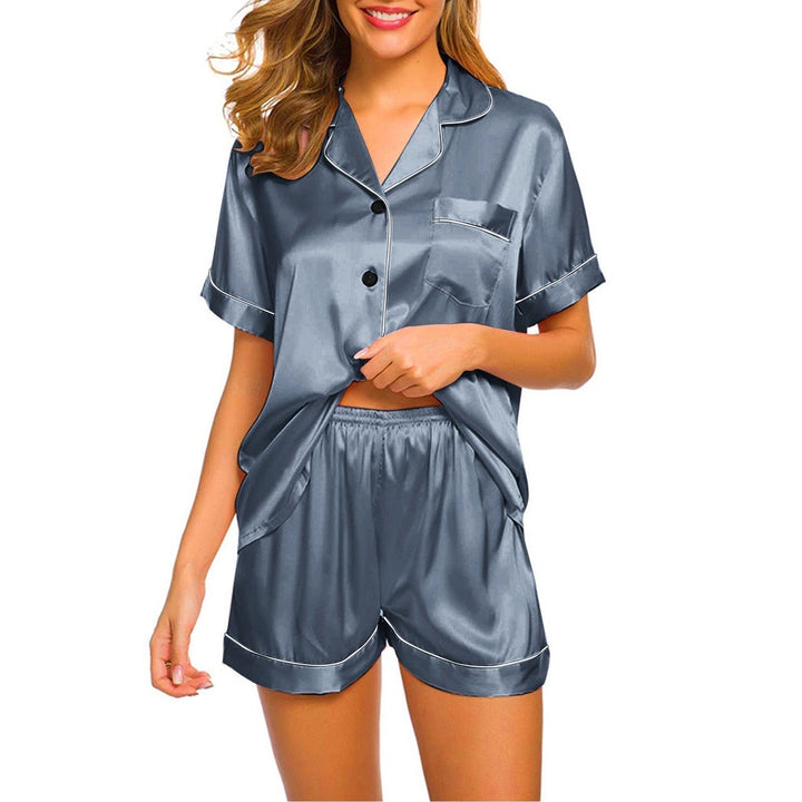 Comfortable women's two-piece pyjama set, perfect for lounging & sleep. Features short sleeves & button front.