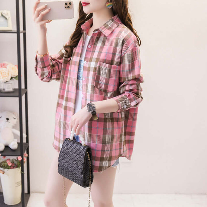 Versatile women's plaid long sleeve shirt with button-down front. Comfortable and stylish for autumn casual outfits.