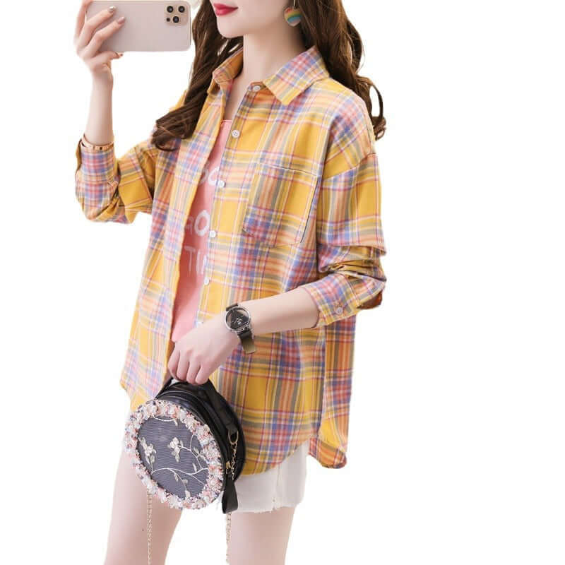 Colorful plaid button-down long sleeve shirt for women. A classic and comfortable top for everyday autumn fashion.