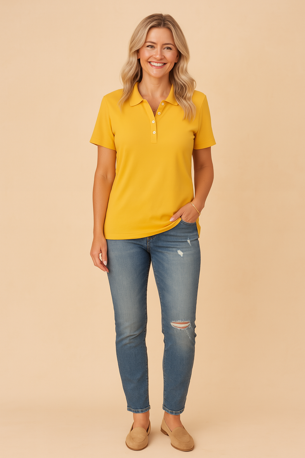 Women's short sleeve polo t-shirt with button placket. Classic style & comfort fit for everyday wear.