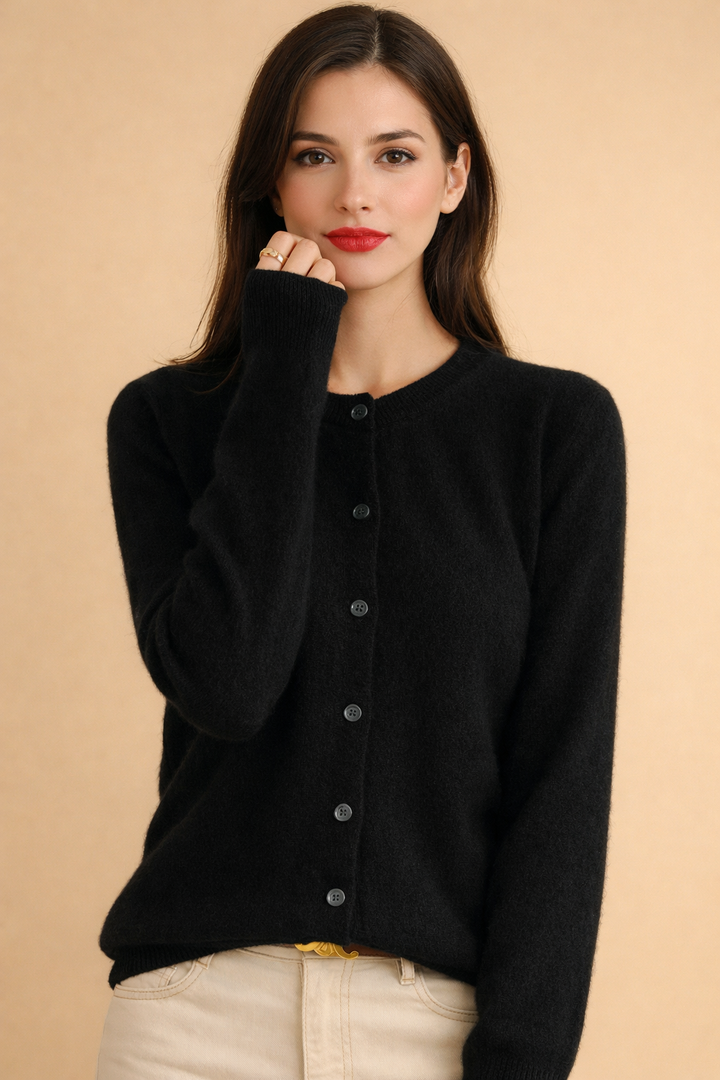 Women's classic round neck cardigan with button front, perfect for versatile layering & everyday style.
