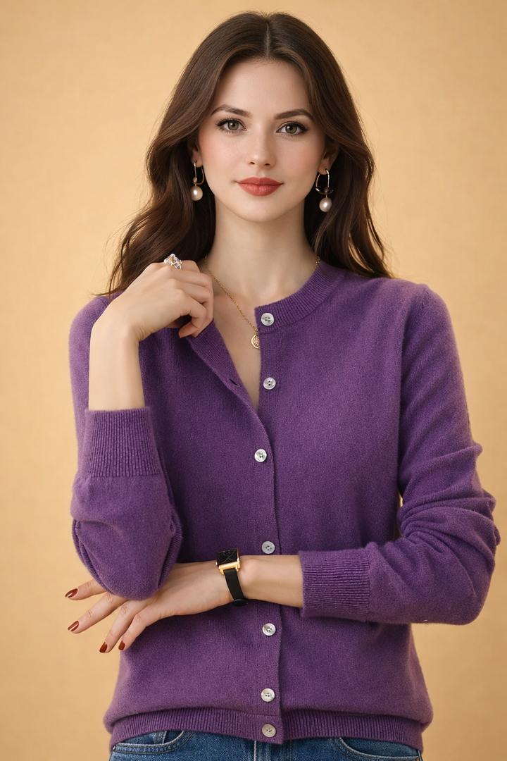 Elegant women's round neck knit cardigan, classic button-front for office wear or stylish layering.
