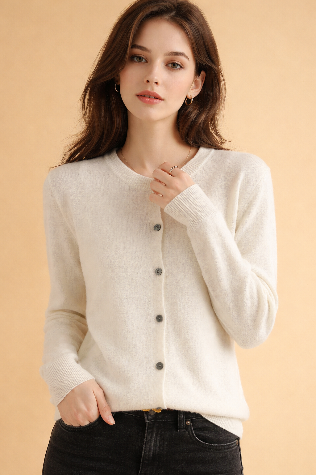 Stylish women's round neck cardigan, a classic button-front design for chic women's fashion & layering.