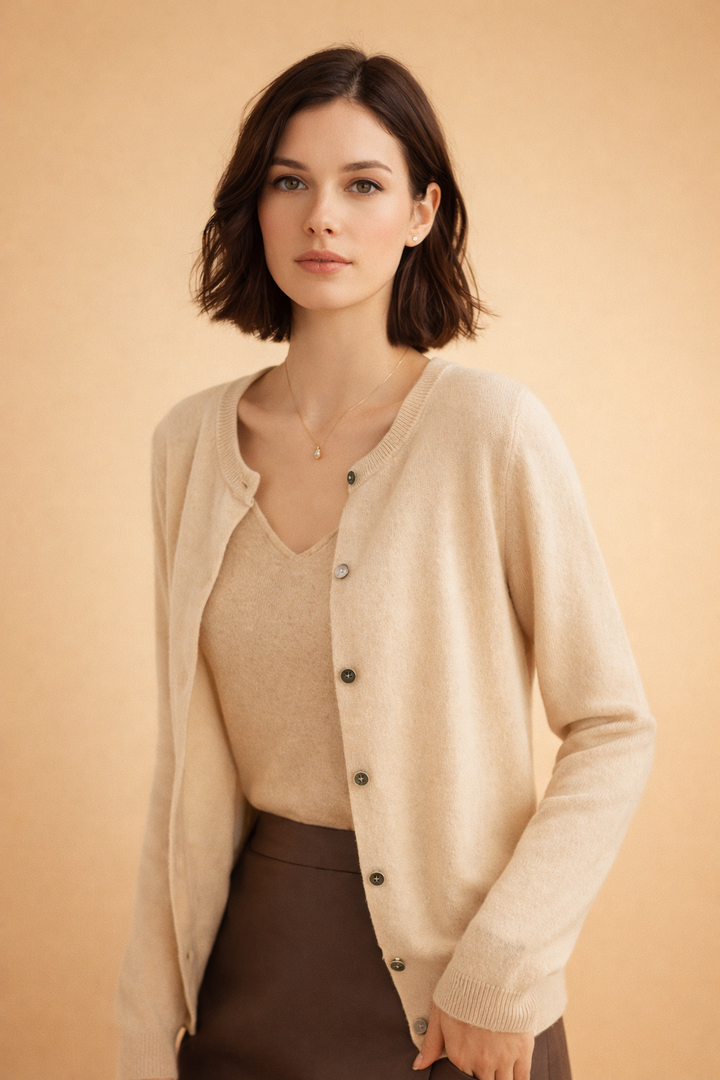 Classic women's round neck cardigan with button front closure. Versatile knitwear for elegant daily outfits.