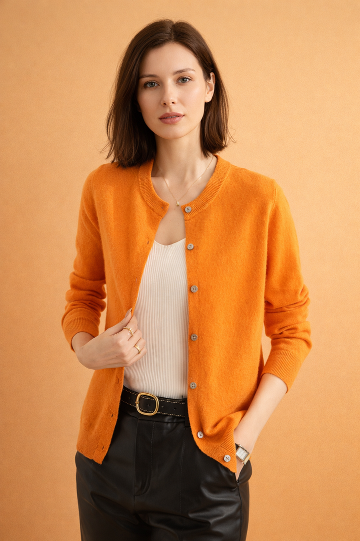 Layering women's round neck cardigan. Comfortable & stylish classic knitwear with button front for versatility.