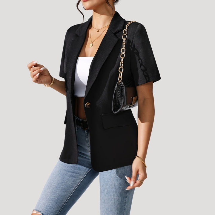 Stylish women's black short-sleeve blazer, a versatile classic for sophisticated fashion & effortless professional look.