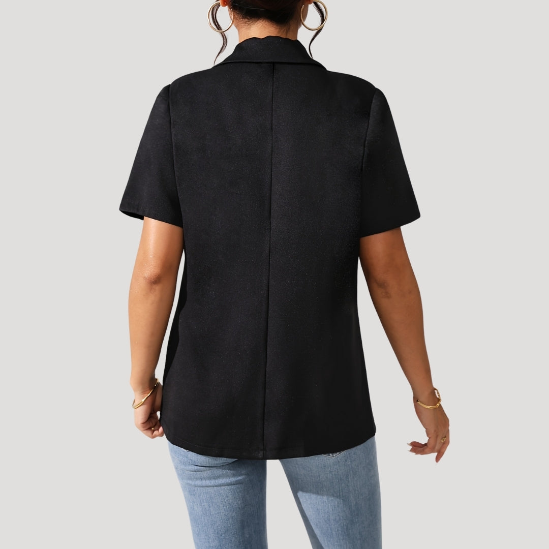 Elegant women's short-sleeve black blazer. Tailored, professional wear, and versatile for all-year sophisticated style.