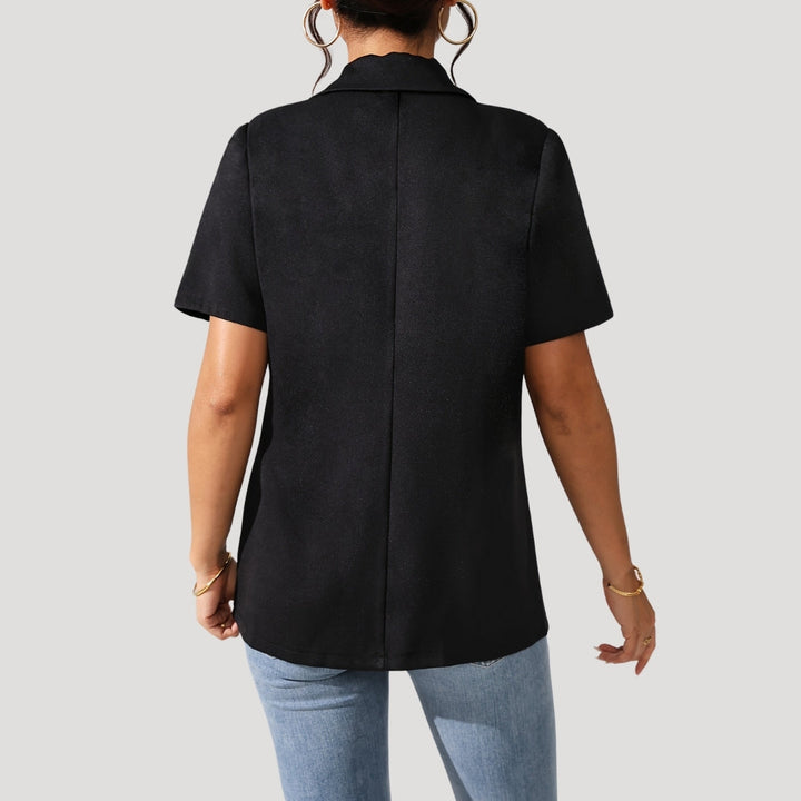 Elegant women's short-sleeve black blazer. Tailored, professional wear, and versatile for all-year sophisticated style.