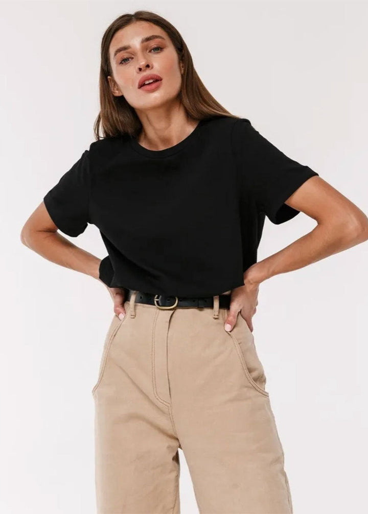 Women's wardrobe staple short sleeve t-shirt. Crew neck basic tee offering everyday comfort and style.