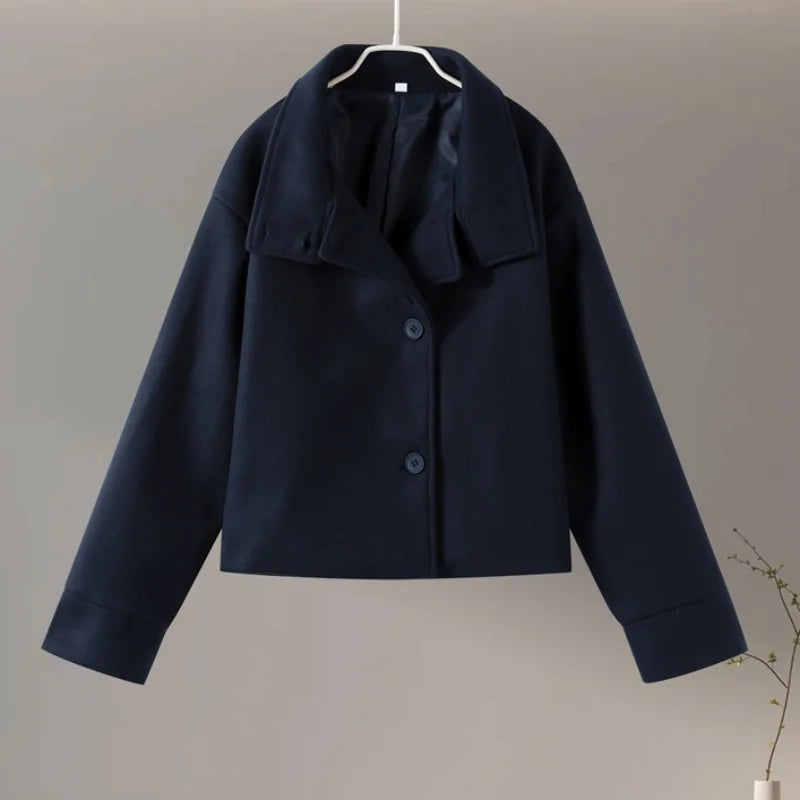 Classic women's stand collar pea coat, a timeless and elegant winter outerwear choice.