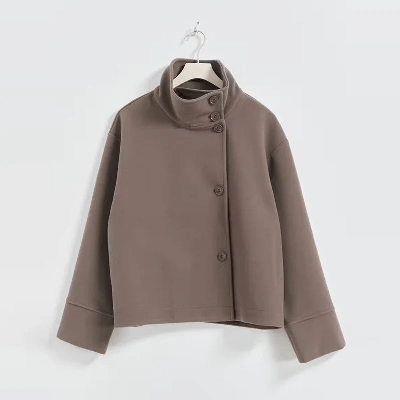 Women's classic stand collar pea coat, a chic and warm winter jacket for elegant style.