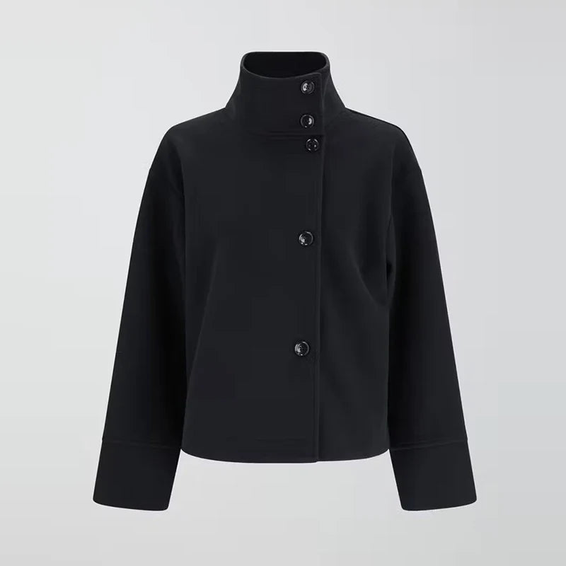 Sophisticated women's pea coat with a stand collar, ideal elegant outerwear layering piece.
