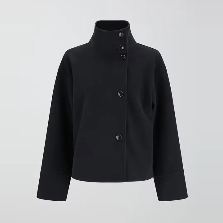 Sophisticated women's pea coat with a stand collar, ideal elegant outerwear layering piece.